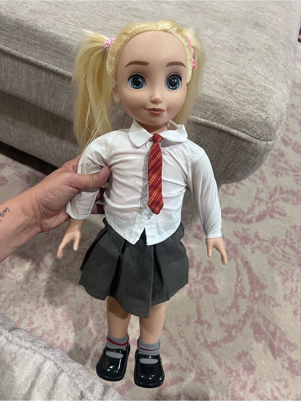 Blonde Schoolgirl Fashion Doll with Grey Skirt and White Shirt